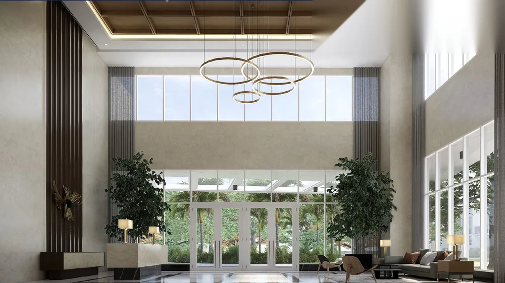 Lincoln Lobby, double-height lobby with sculptural ring pendant lighting — artist's rendering