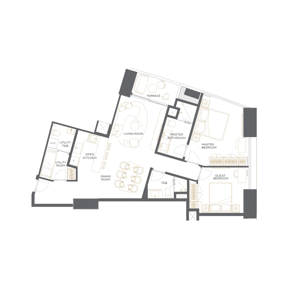 Floor plan, Two-Bedroom Residence, 96-104 sqm, Units 01 & 16