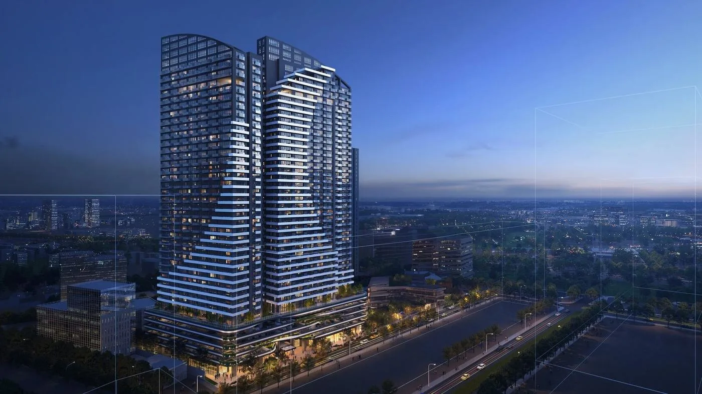 The Wave Towers at dusk, Cebu IT Park — artist's rendering