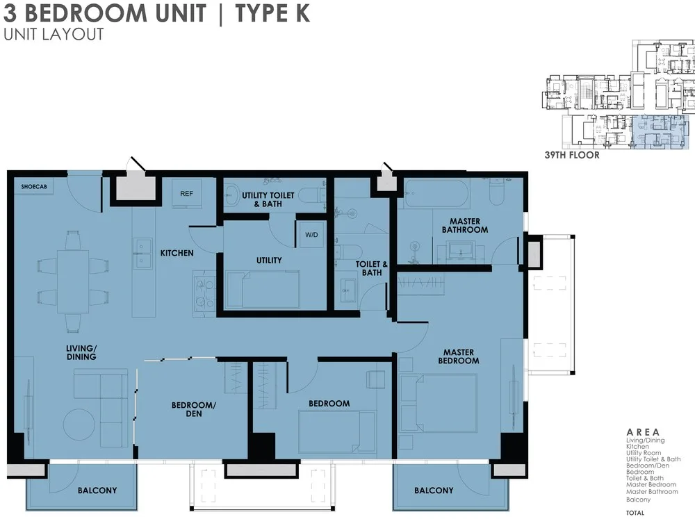 Floor plan, 3 Bedroom Unit, Type K, 103.72 sqm